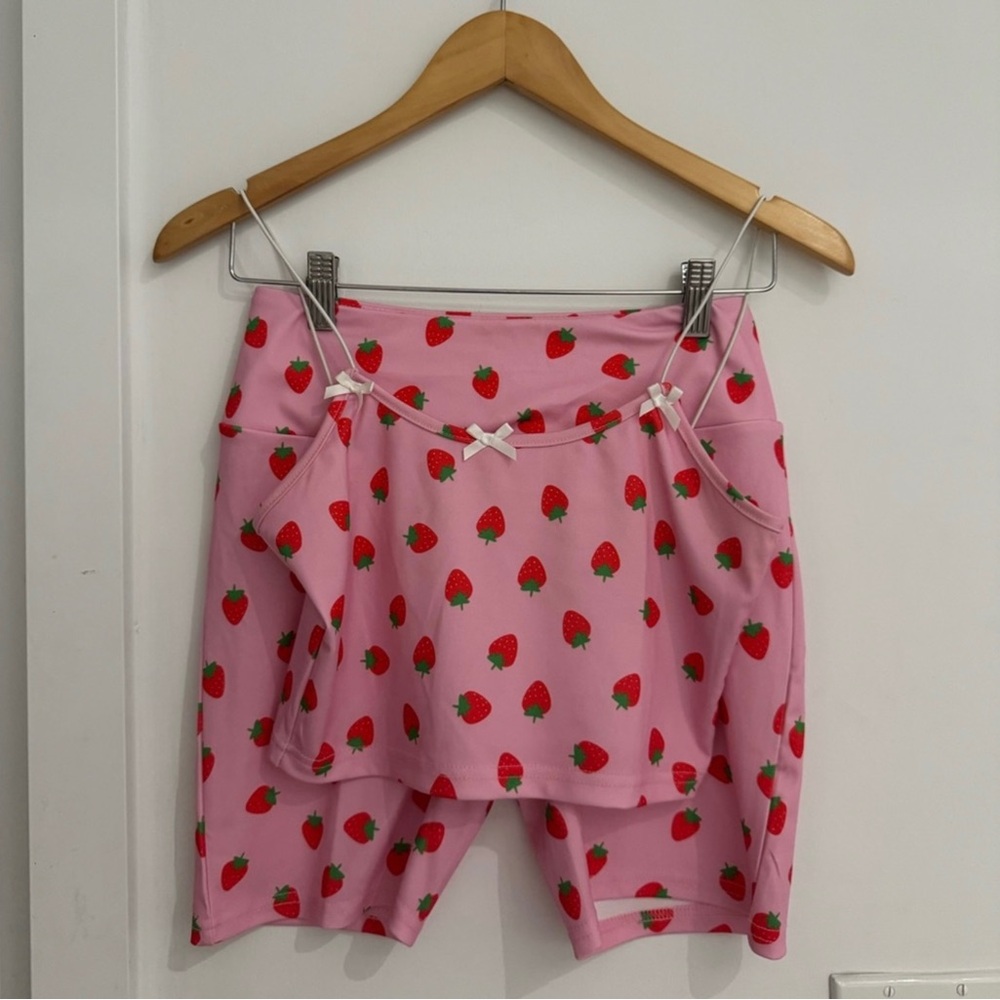 Pink Strawberry Print Skirted Shorts Set
